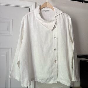 CHRISTOPHER CALVIN white linen shell button asymmetrical lagenlook boxy shirt